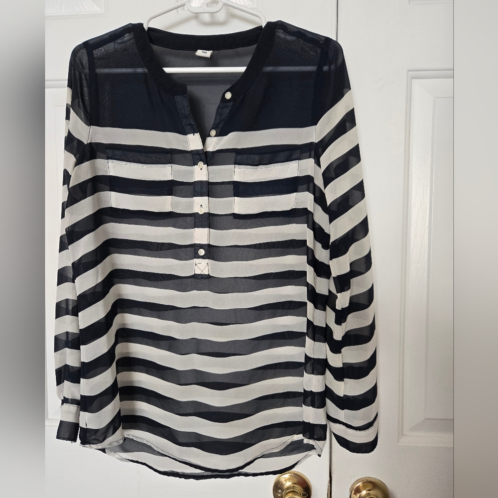 Old Navy Navy Blue White Striped Sheer Button Down Blouse Size S